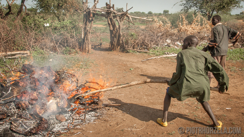 11. SUDAN POŁUDNIOWY, Wschodnia Equatoria, Kapoeta. Mięso wrzucane jest w dużych kawałach na stos chrustu. (Fot. Piotr Horzela) Gotowanie mięsa w Afryce na ognisku
