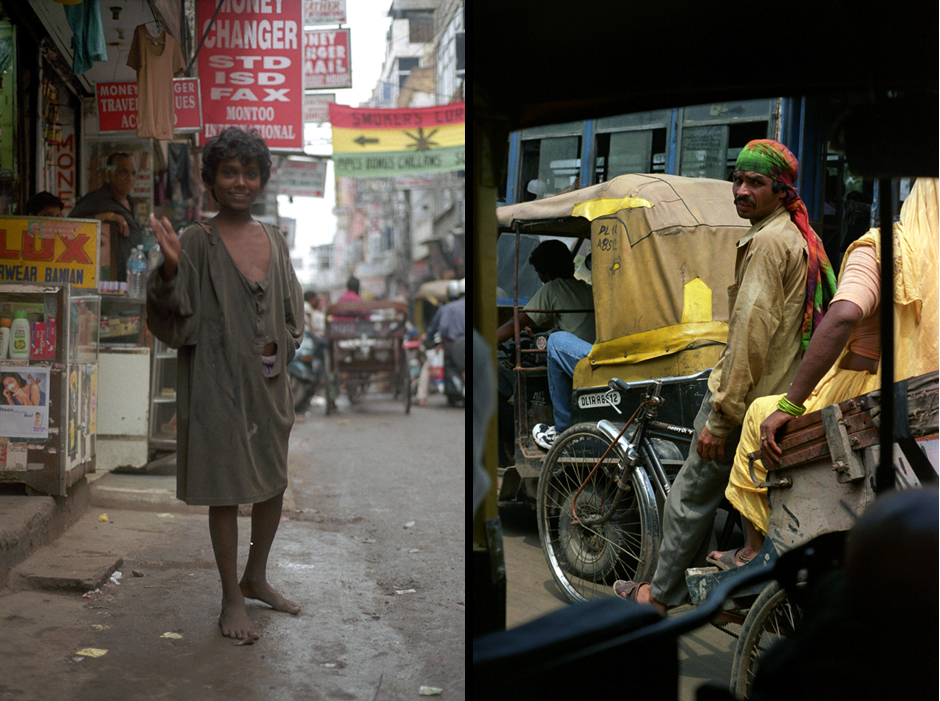 Chłopiec mieszkający na ulicach Delhi i pracujący tu rikszarz. (Fot. Grzegorz Król) Indie, Delhi. Chłopiec mieszkający na ulicy i rikszarz.
